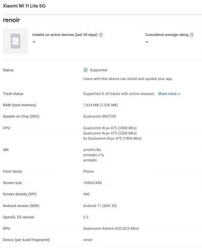 Google Play Console tiết lộ cấu hình Mi 11 Lite